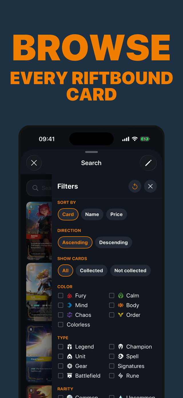 Browsing the Riftbound card database in Hex TCG